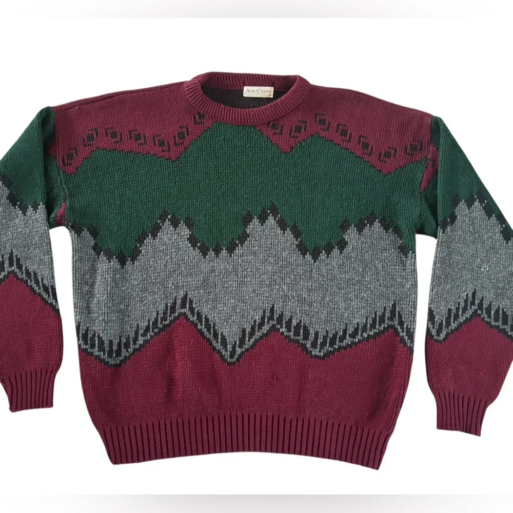 Vintage Ash Creek Geometric Knit Sweater Burgundy Green L